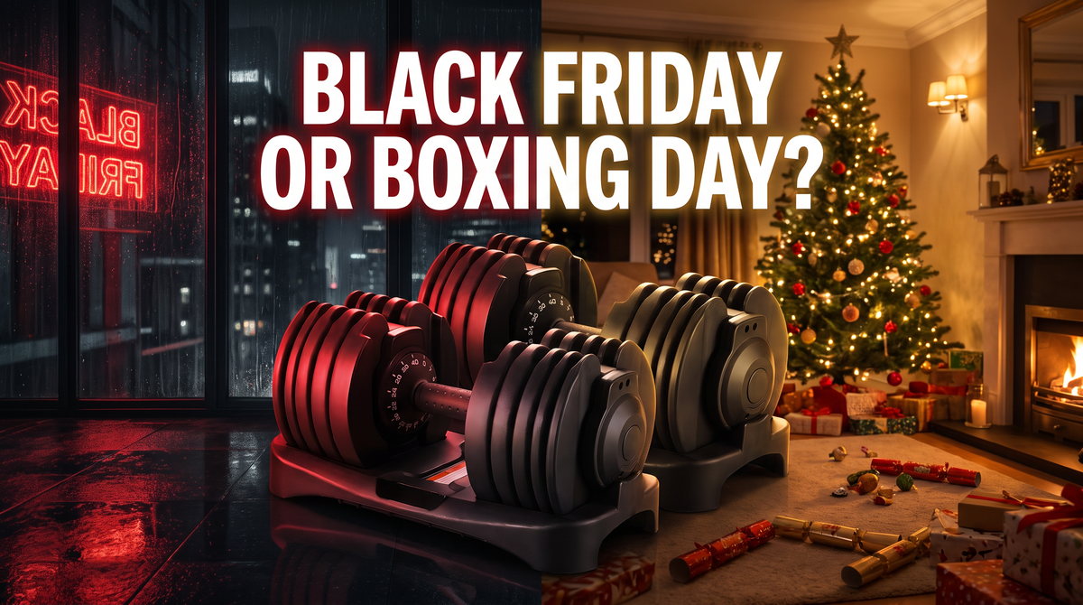 Black Friday or Boxing Day? BrainGain SmartBells adjustable dumbbells split between a Black Friday night and a British Boxing Day living room